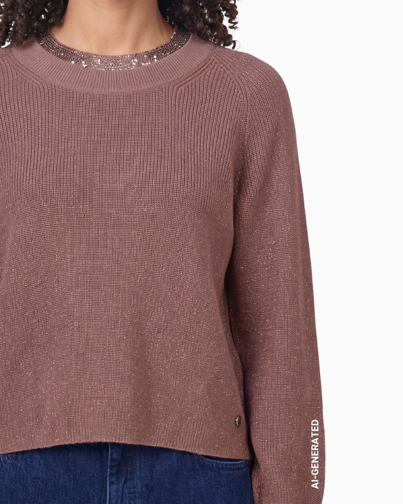 Monari Jumper with Embellished Collar in light brown collar detail