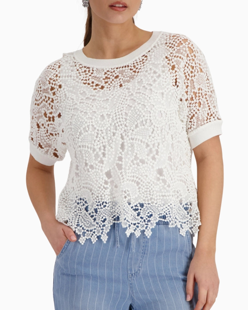 Monari Jumper with Lace Pattern in cream front view