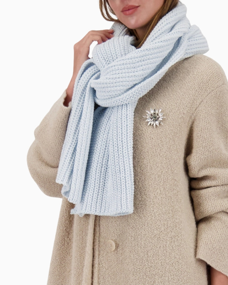 Monari knitted chenille scarf styled over coat – Áines Boutique