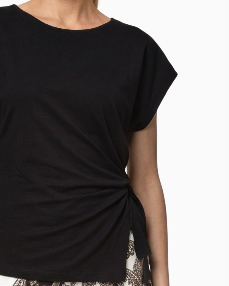 Monari Knot Detail T-Shirt in black showing front knot and slit detail