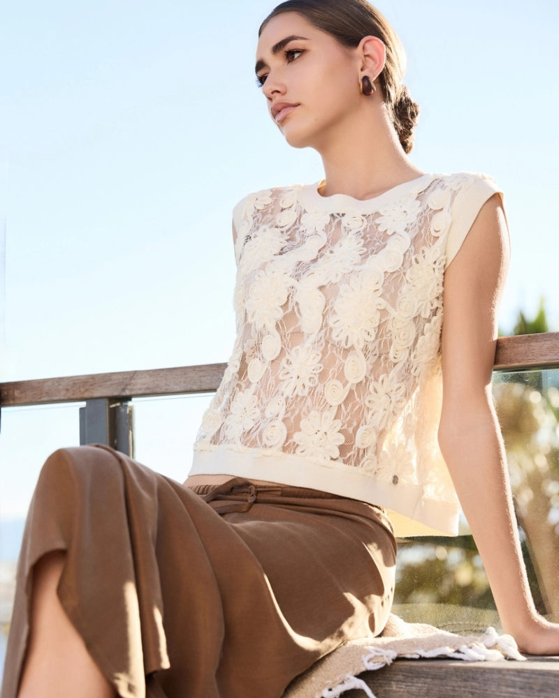 Monari Lace Detail Top in light beige lace detail