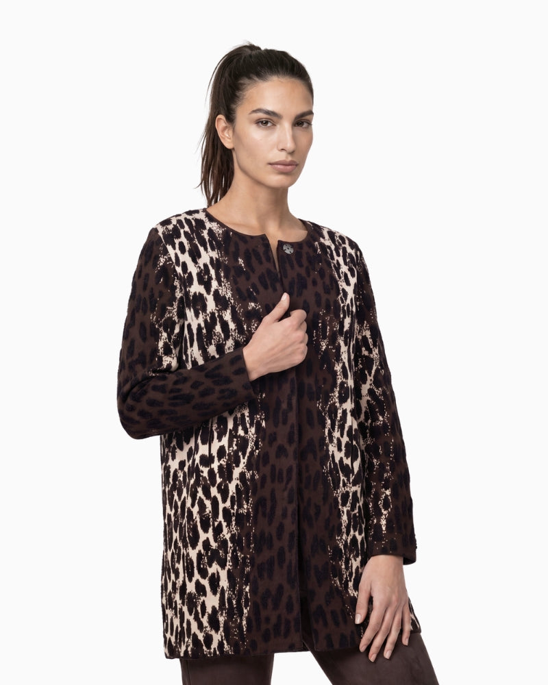 Monari Leopard Jacquard Cardigan in brown front view