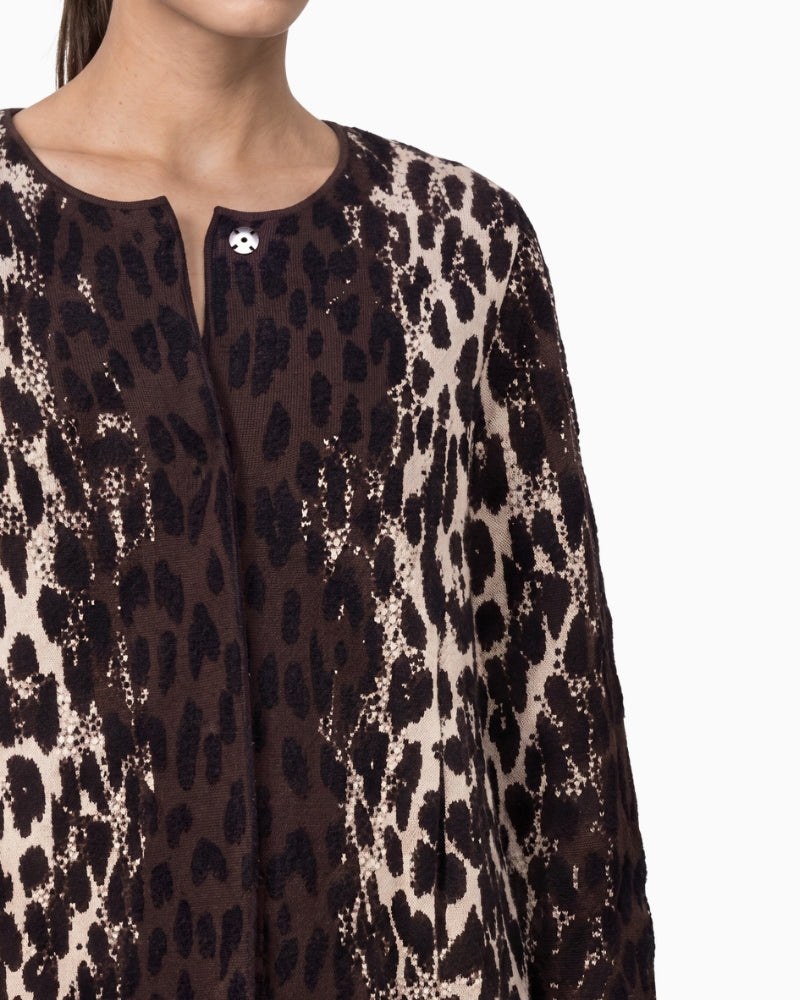 Monari Leopard Jacquard Cardigan in brown leopard pattern detail
