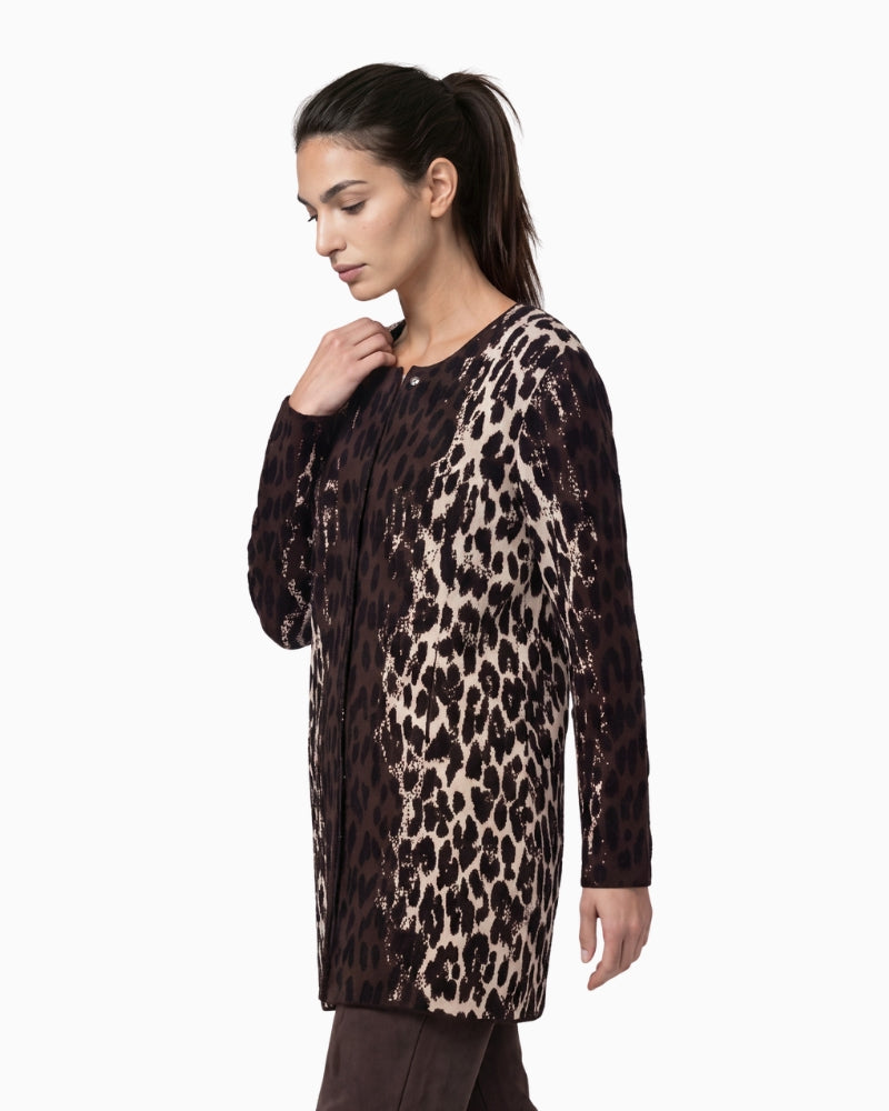Monari Leopard Jacquard Cardigan in brown side view