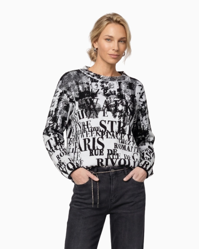 Monari Letter Jacquard Jumper in black and white front view