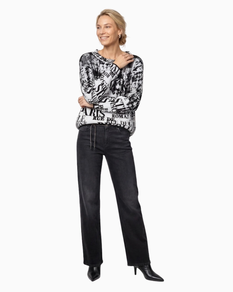 Monari Letter Jacquard Jumper in black and white model front view