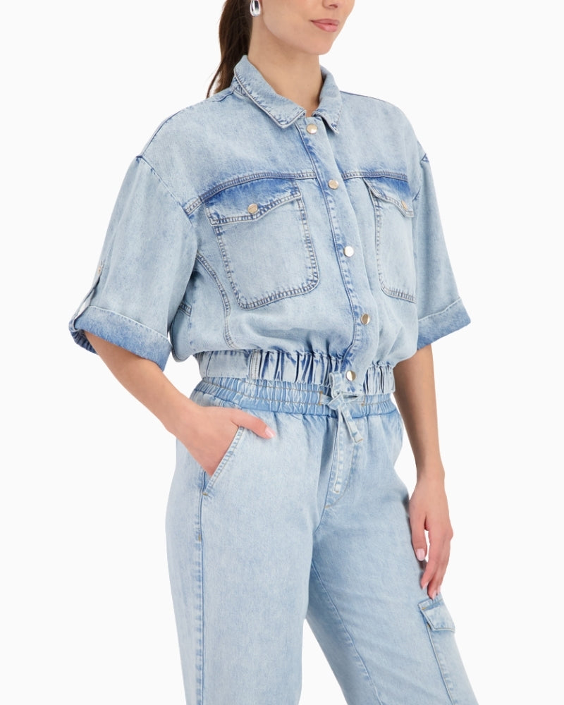 Monari Lightweight Denim Jacket in Light Blue Denim front view