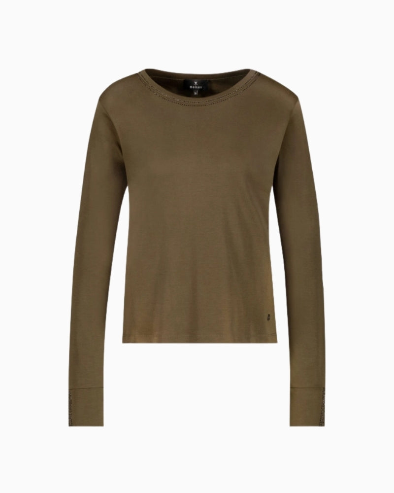 Monari Long Sleeve Shirt in olive with rhinestone sleeve hem detail