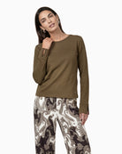Monari Long Sleeve Shirt with Rhinestone Details in Olive front view