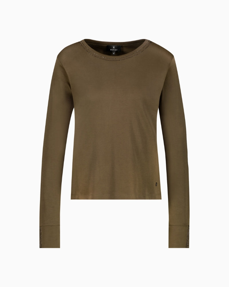 Monari Long Sleeve Shirt with Rhinestone Details in Olive product front view
