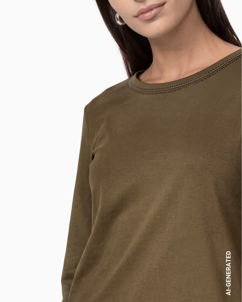 Monari Long Sleeve Shirt with Rhinestone Details in Olive rhinestone detail