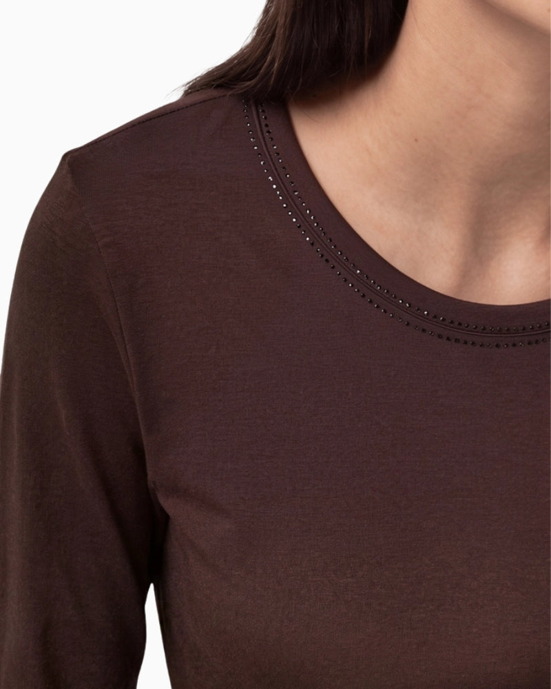 Monari Long Sleeve Shirt with Rhinestone Details in dark brown neckline detail