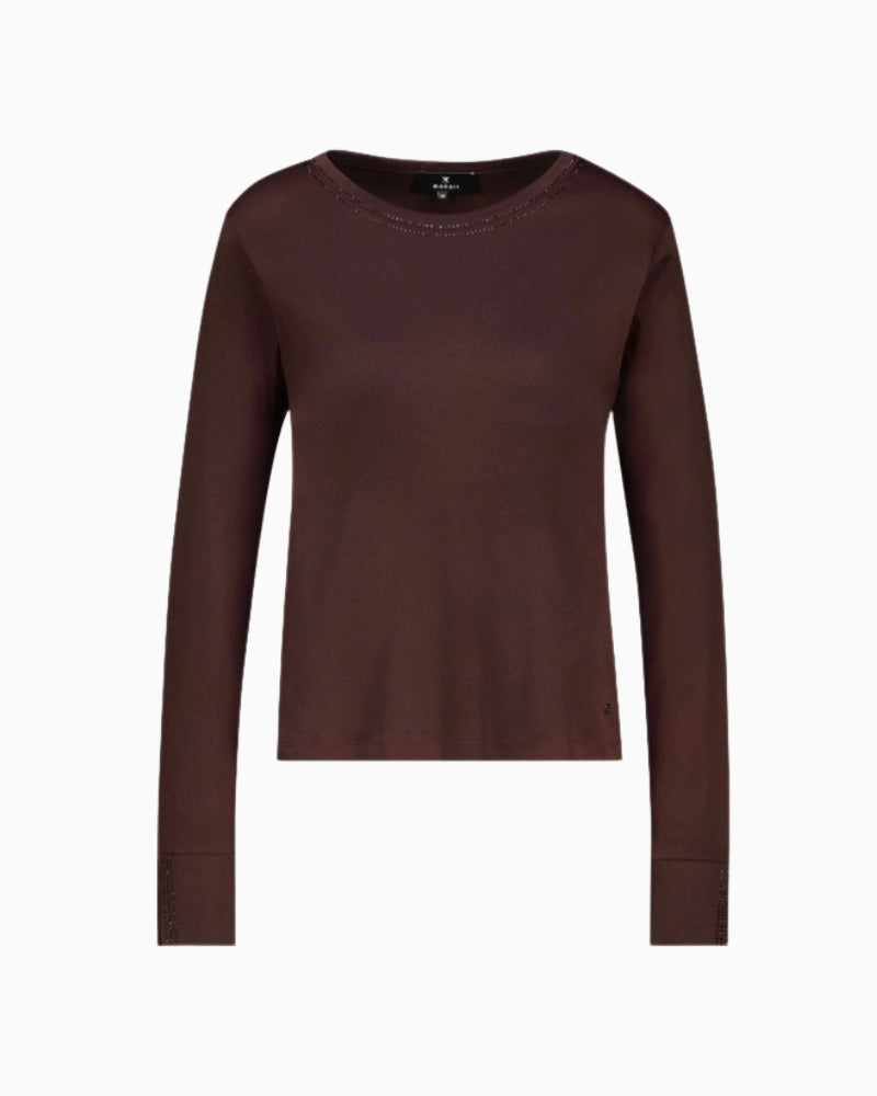 Monari Long Sleeve Shirt with Rhinestone Details in dark brown rhinestone sleeve detail