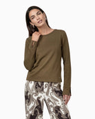 Monari Long Sleeve Shirt with Rhinestone Details in olive front view