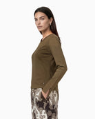 Monari Long Sleeve Shirt with Rhinestone Details in olive side view