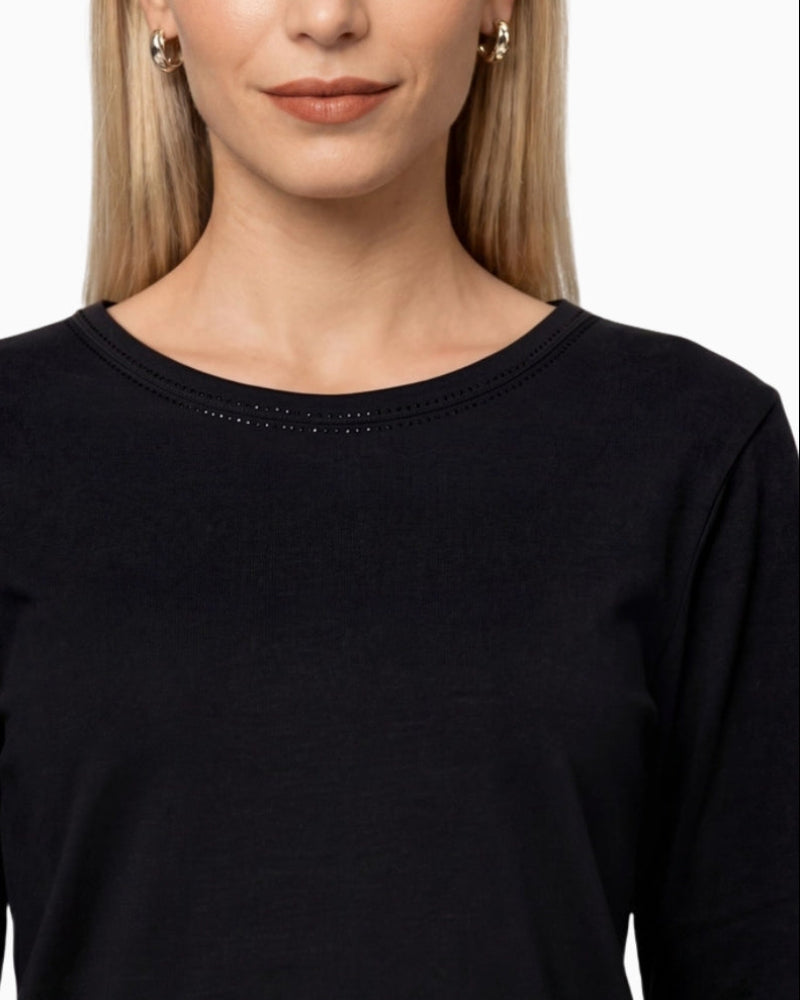 Monari Long Sleeve Top with Rhinestone Details in black neckline detail