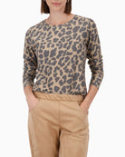 Monari long sleeve lurex top with leopard print in soft viscose blend