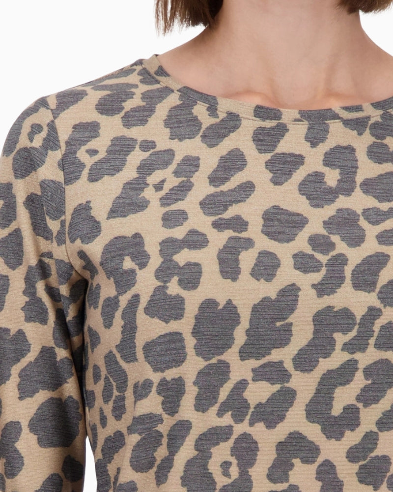 Close-up of shiny lurex thread detail on leopard print Monari top