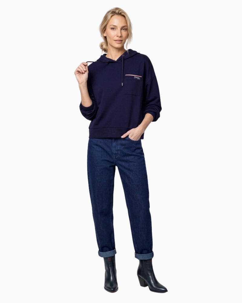 Monari Mini Patch Sweatshirt in navy hood and drawstring detail