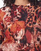 Monari Mixed Leopard Print Jumper in Red close-up of leopard pattern and knitted texture