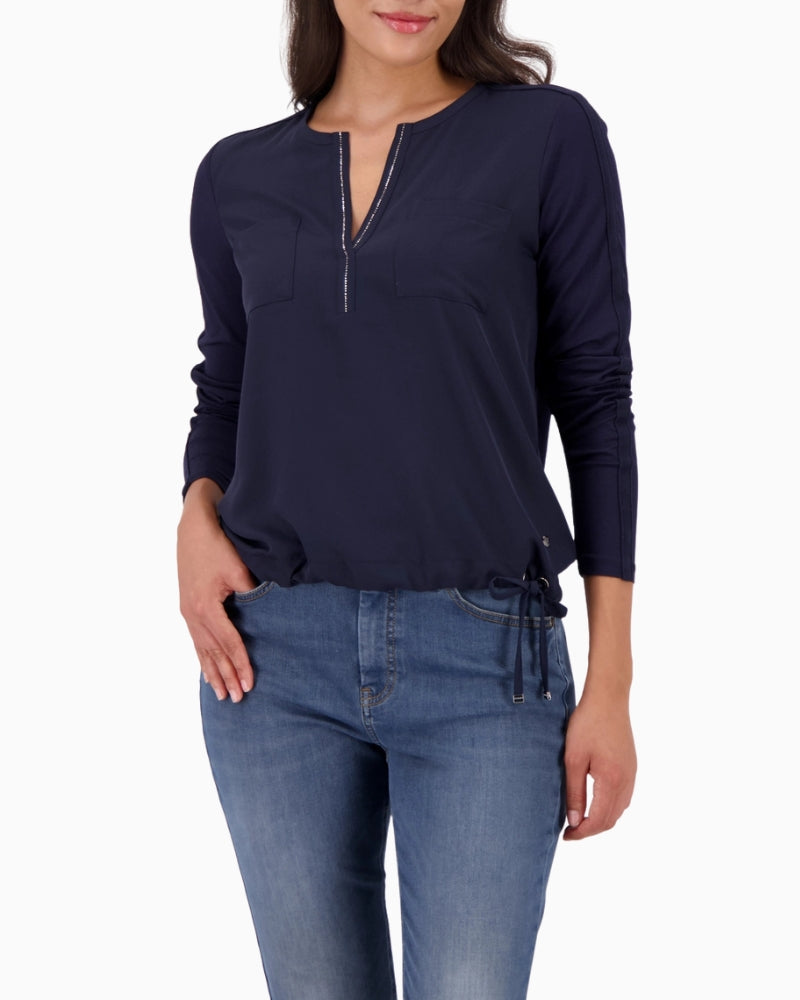 Monari navy blouse with satin-look front and rhinestone trim neckline