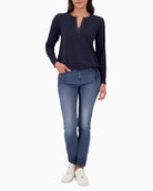 Model wearing Monari navy blouse in regular fit paired with jeans
