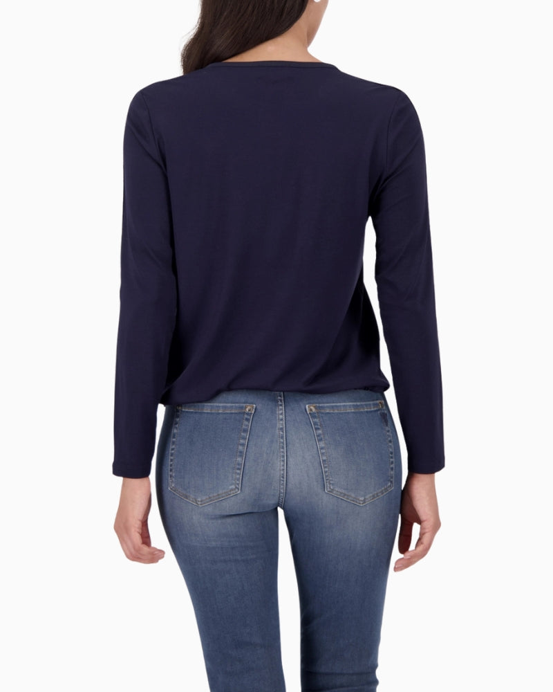 Back view of Monari navy blouse in soft viscose blend with long sleeves