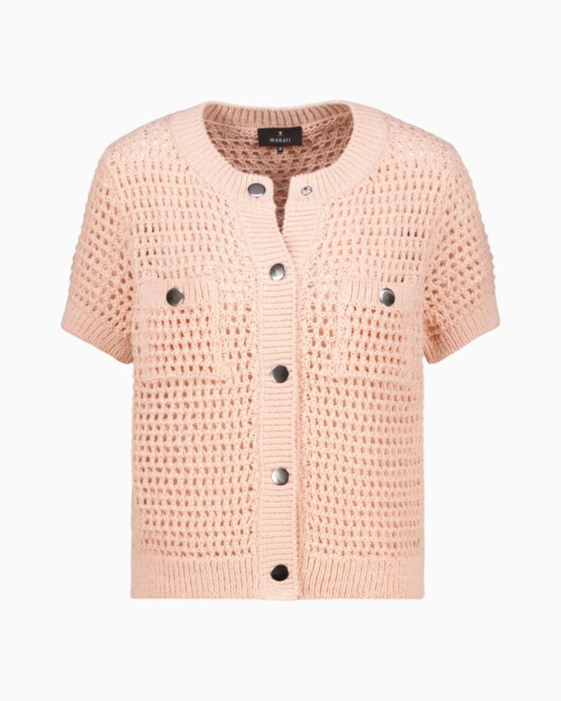 Monari Openwork Cardigan in peach chest pocket detail