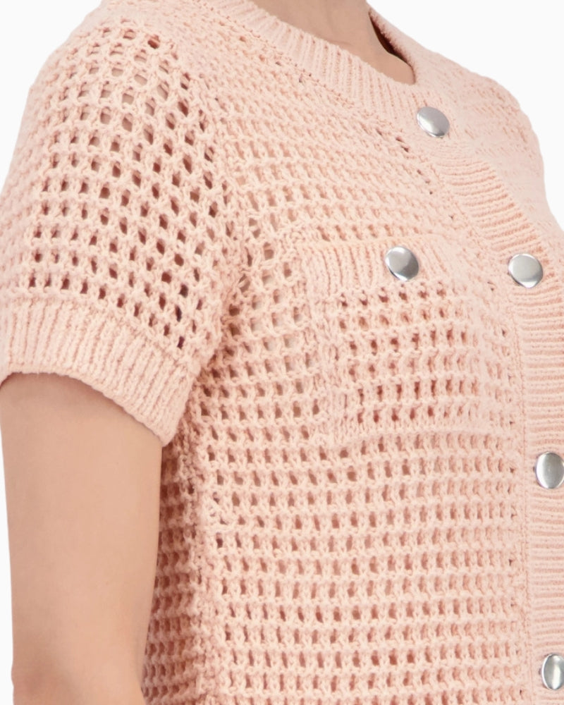 Monari Openwork Cardigan in peach openwork knit detail