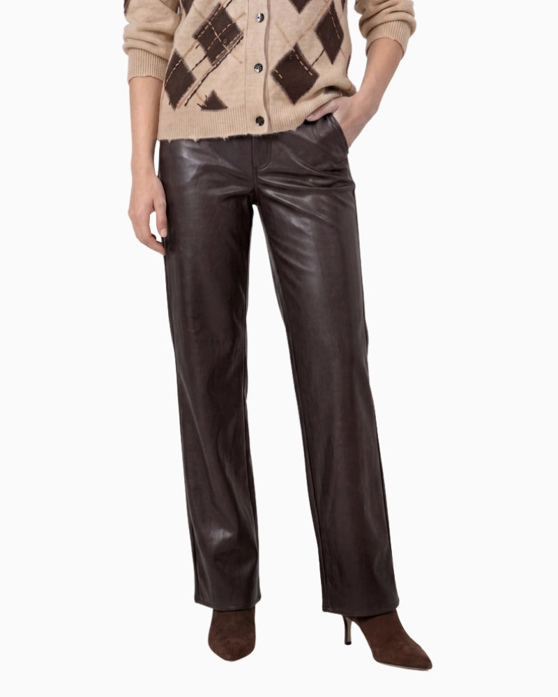 Monari PU Trousers in dark brown front view