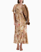 Monari Paisley Maxi Dress in Pink Beige and Brown front view