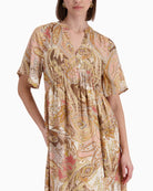 Monari Paisley Maxi Dress in Pink Beige and Brown print detail