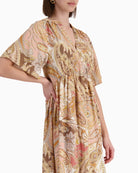 Monari Paisley Maxi Dress in Pink Beige and Brown sleeve detail