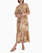 Monari Paisley Maxi Dress in Pink Beige and Brown worn front view