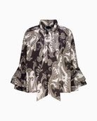 Monari Paisley Print Blouse in black print showing paisley and ruffle detail
