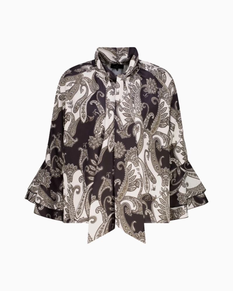 Monari Paisley Print Blouse in black print showing paisley and ruffle detail