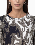 Monari Paisley Print Sweatshirt in black print neckline detail