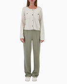 Monari pants with lettering band straight leg detail on model – Áines Boutique