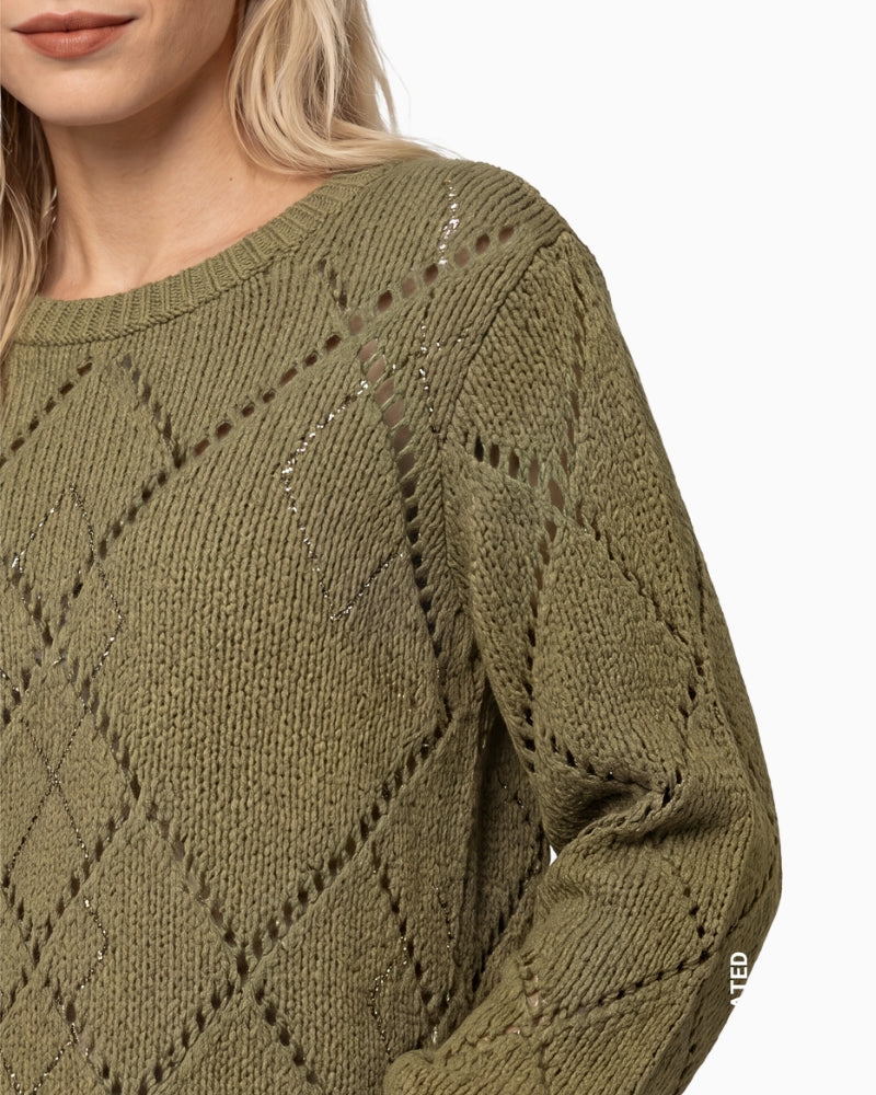 Monari Pointelle Knit Jumper in olive close-up showing diamond knit detail