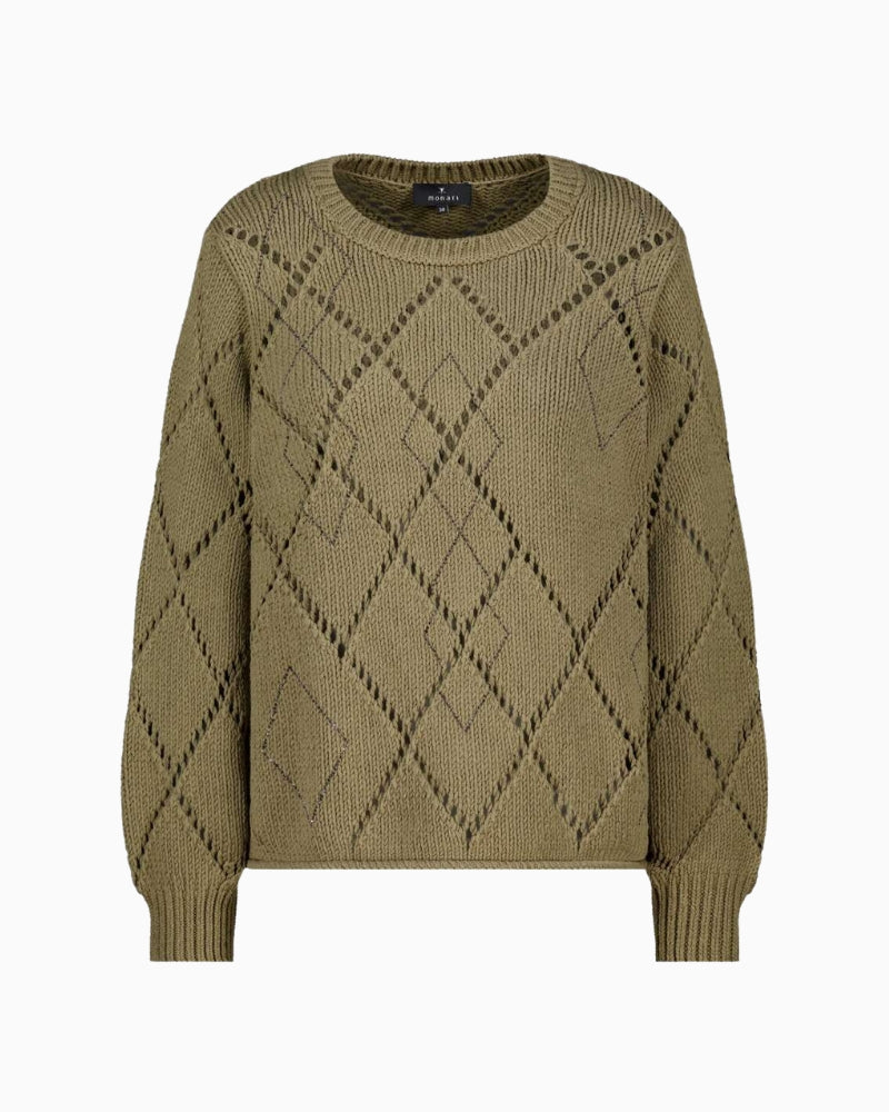 Monari Pointelle Knit Jumper in olive fabric detail