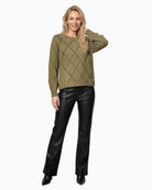 Monari Pointelle Knit Jumper in olive model front view