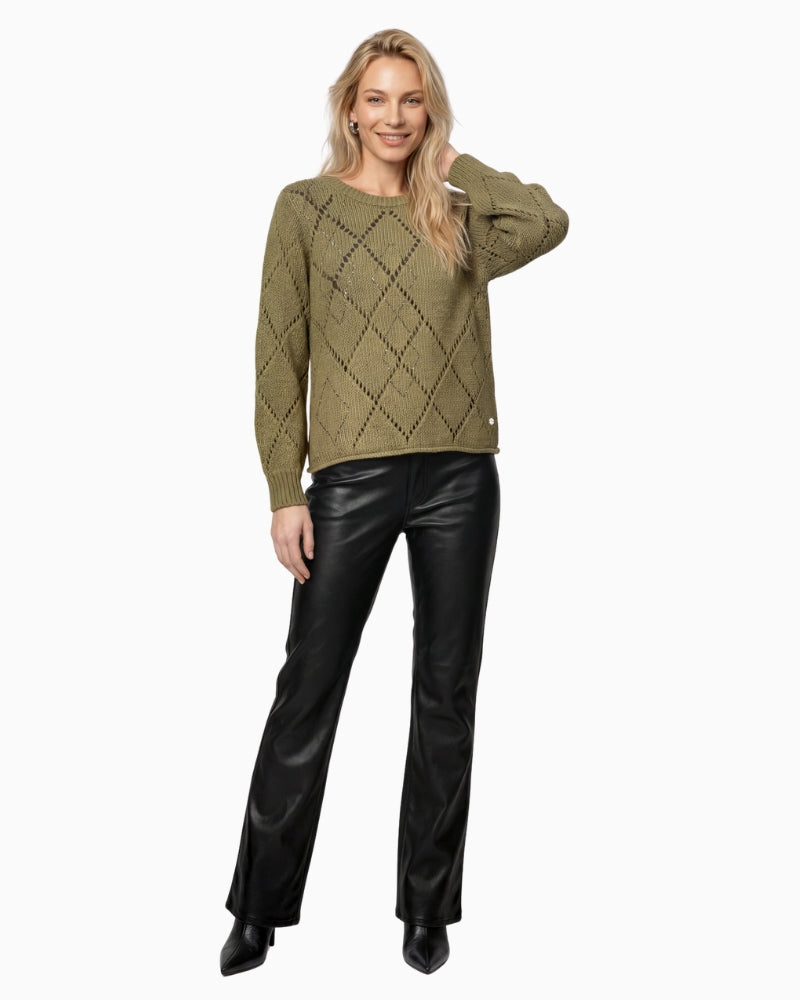 Monari Pointelle Knit Jumper in olive model front view