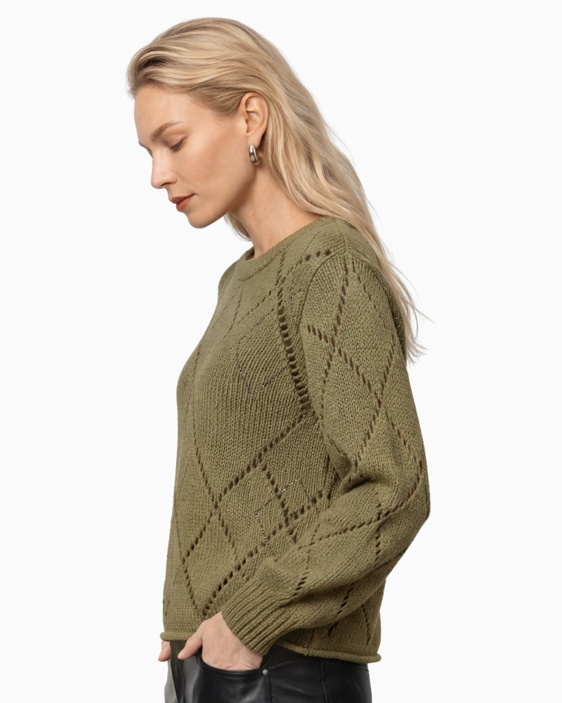 Monari Pointelle Knit Jumper in olive side view