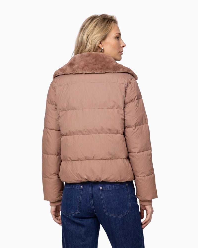 Monari Quilted Jacket with Faux Fur in light brown back view