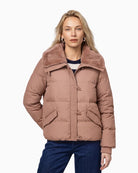 Monari Quilted Jacket with Faux Fur in light brown front view