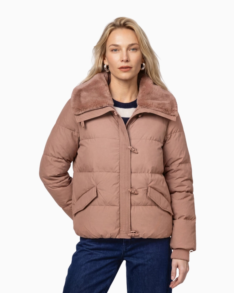 Monari Quilted Jacket with Faux Fur in light brown front view