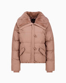Monari Quilted Jacket with Faux Fur in light brown quilted finish detail