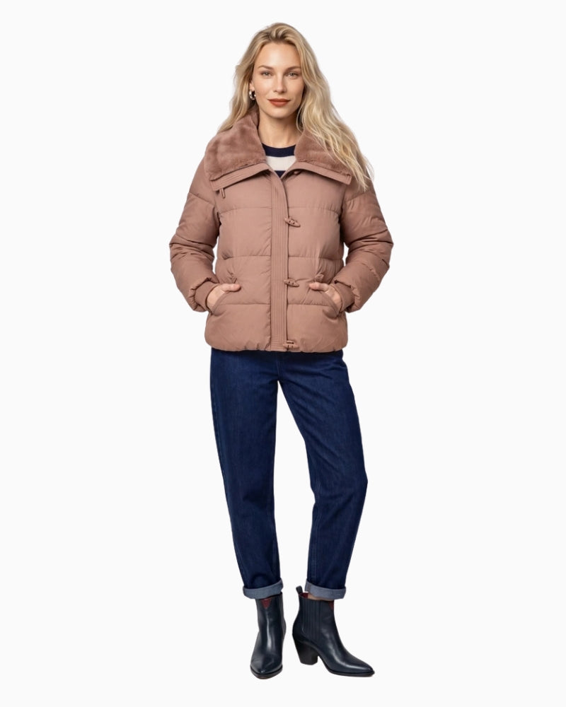 Monari Quilted Jacket with Faux Fur in light brown styled view