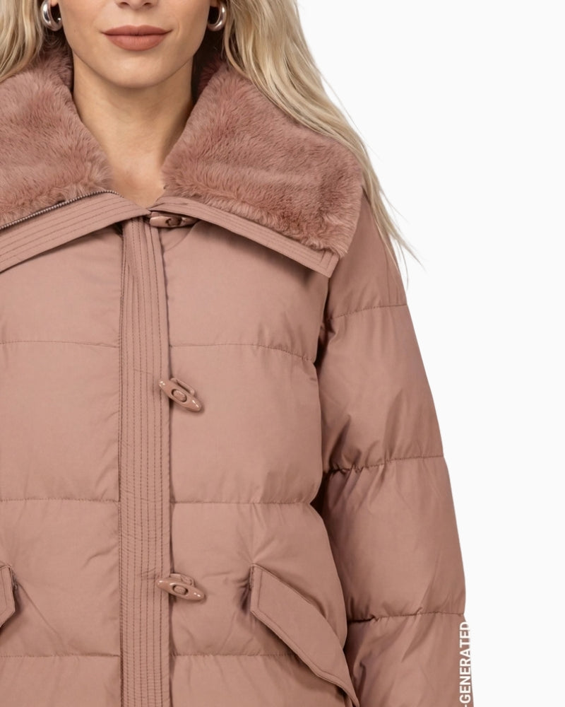 Monari Quilted Jacket with Faux Fur in light brown toggle button detail