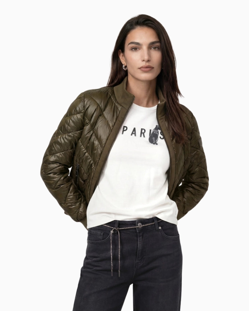 Monari Quilted Neoprene Puffer Jacket in olive front view